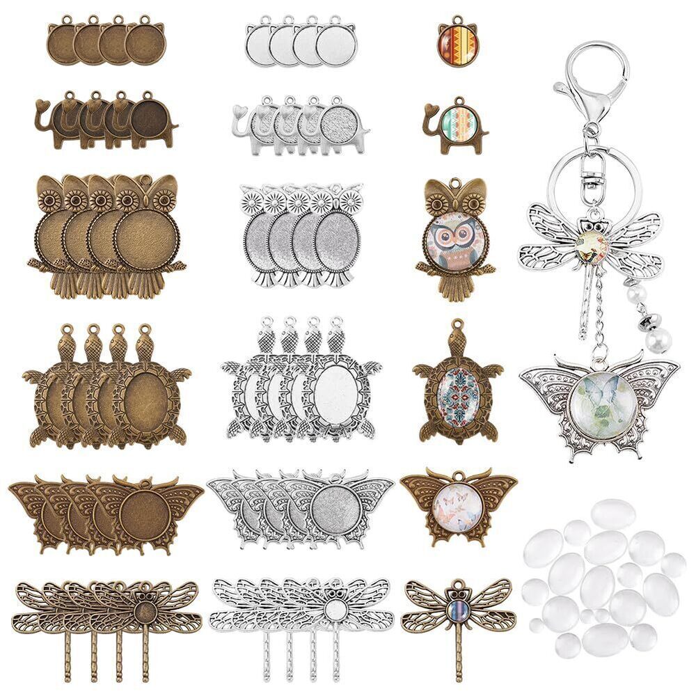 5860 48pcs Animal Photo Charms, 6 Styles Blank Bezel Owl Pendant Trays